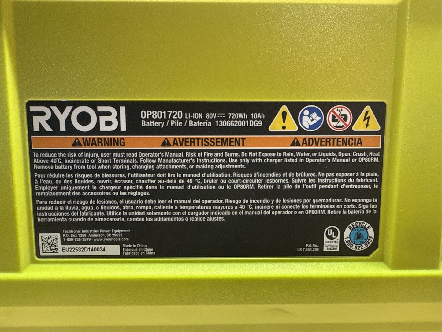 RYOBI 80V Battery 10 Ah Lithium-Ion Zero Turn Mower Battery (OP801720) OPEN BOX*