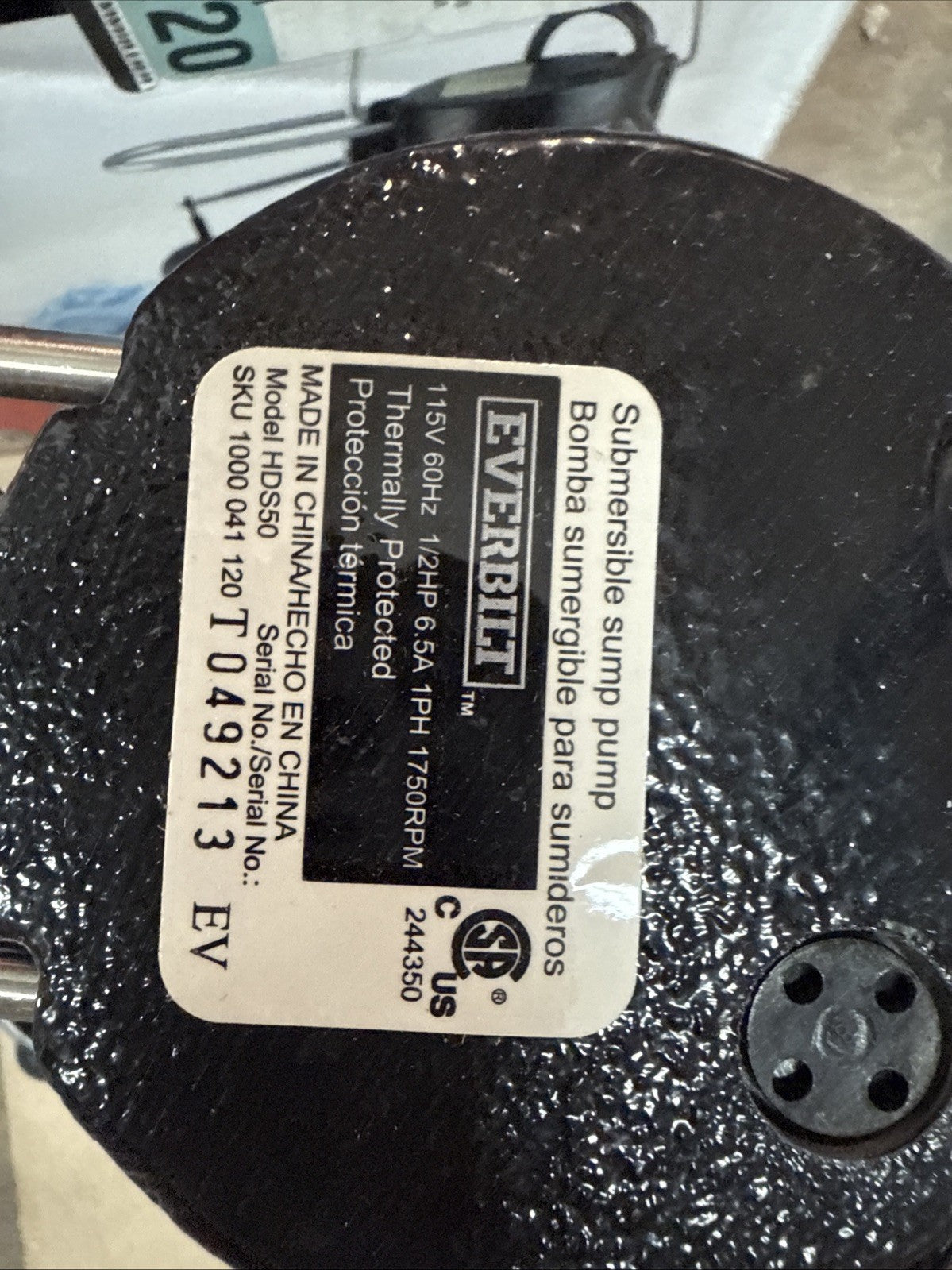 Everbilt 1/2 HP Cast Iron Sump Pump Model # HDS50 OPEN BOX