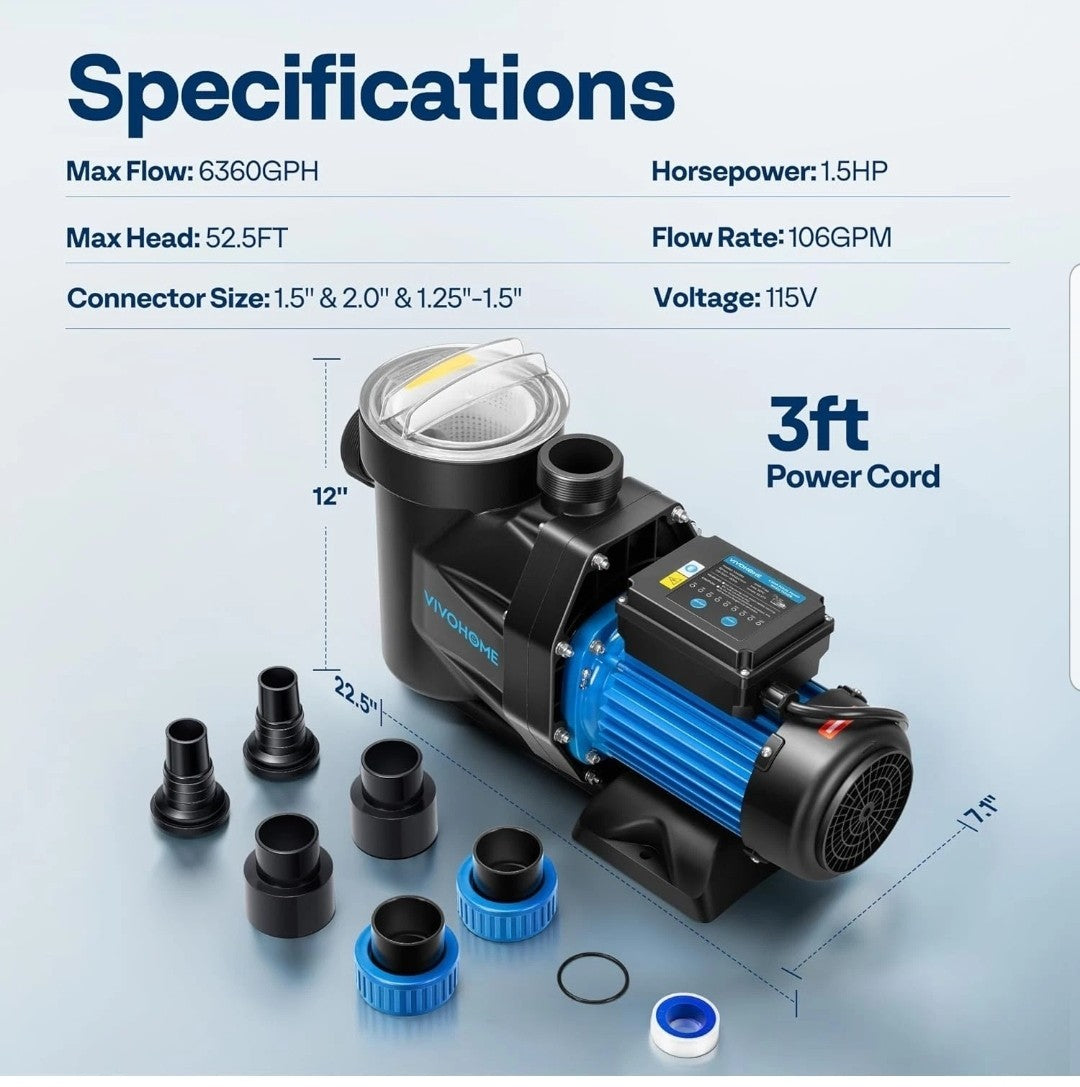 1.5HP 6360GPH Self-Priming Pool Pump with Timer, 115V for In/Above Ground Pools