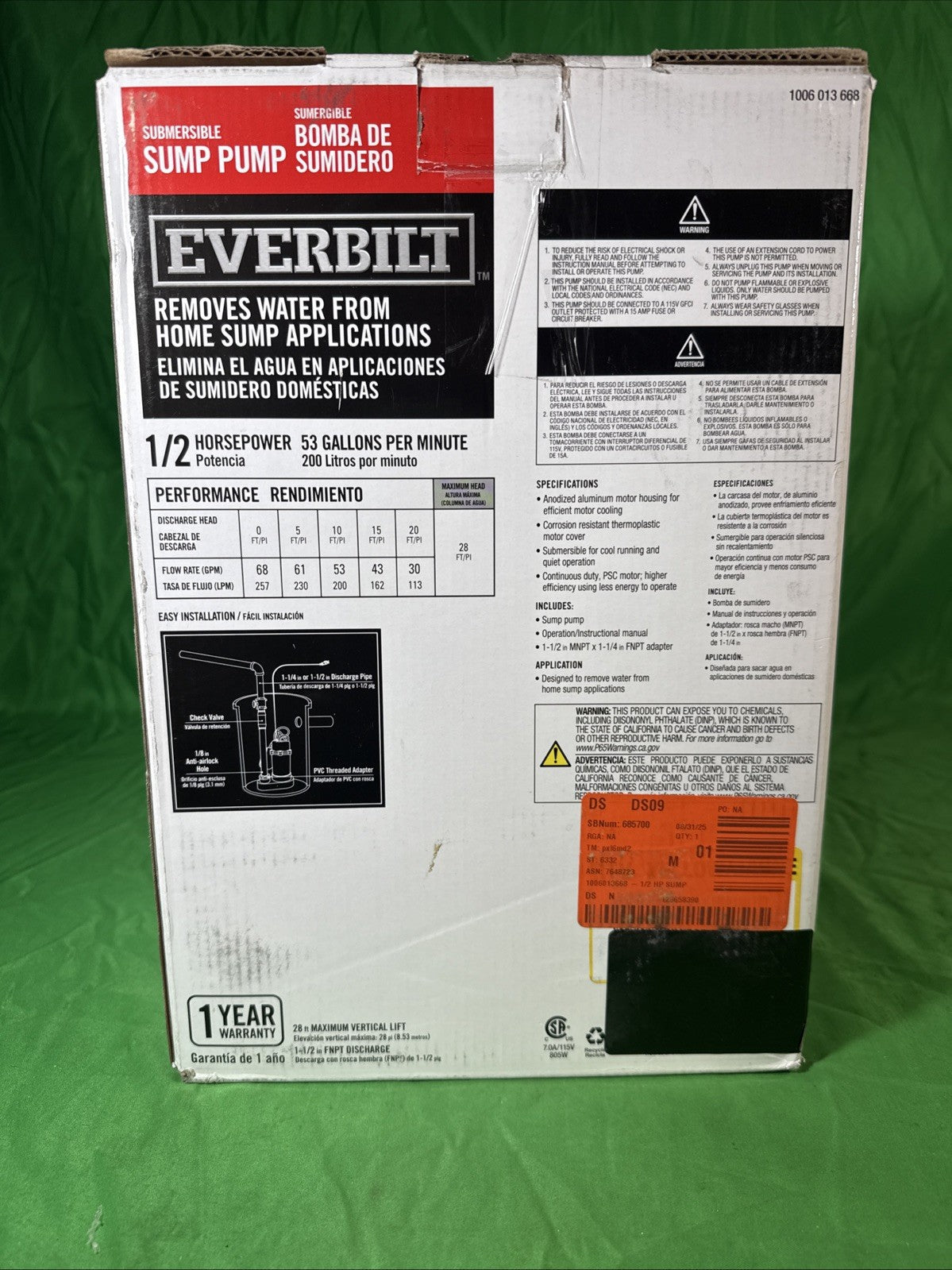 Everbilt HDSP50W 1/2 HP Submersible Aluminum Sump Pump with Tethered Switch