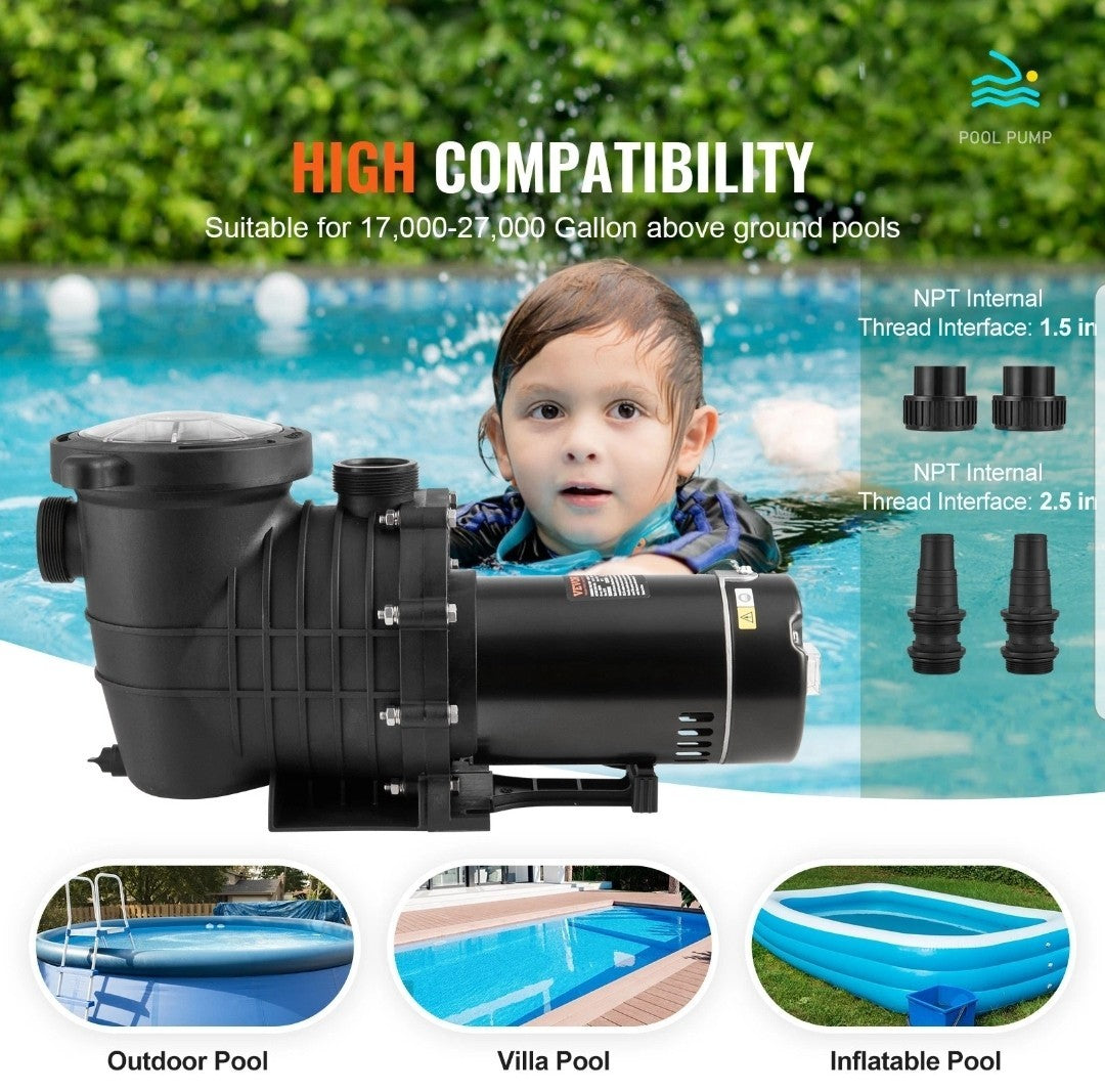 VEVOR Above Ground Swimming Pool Pump Single Speed 1 HP 80 GPM 110V / 240V