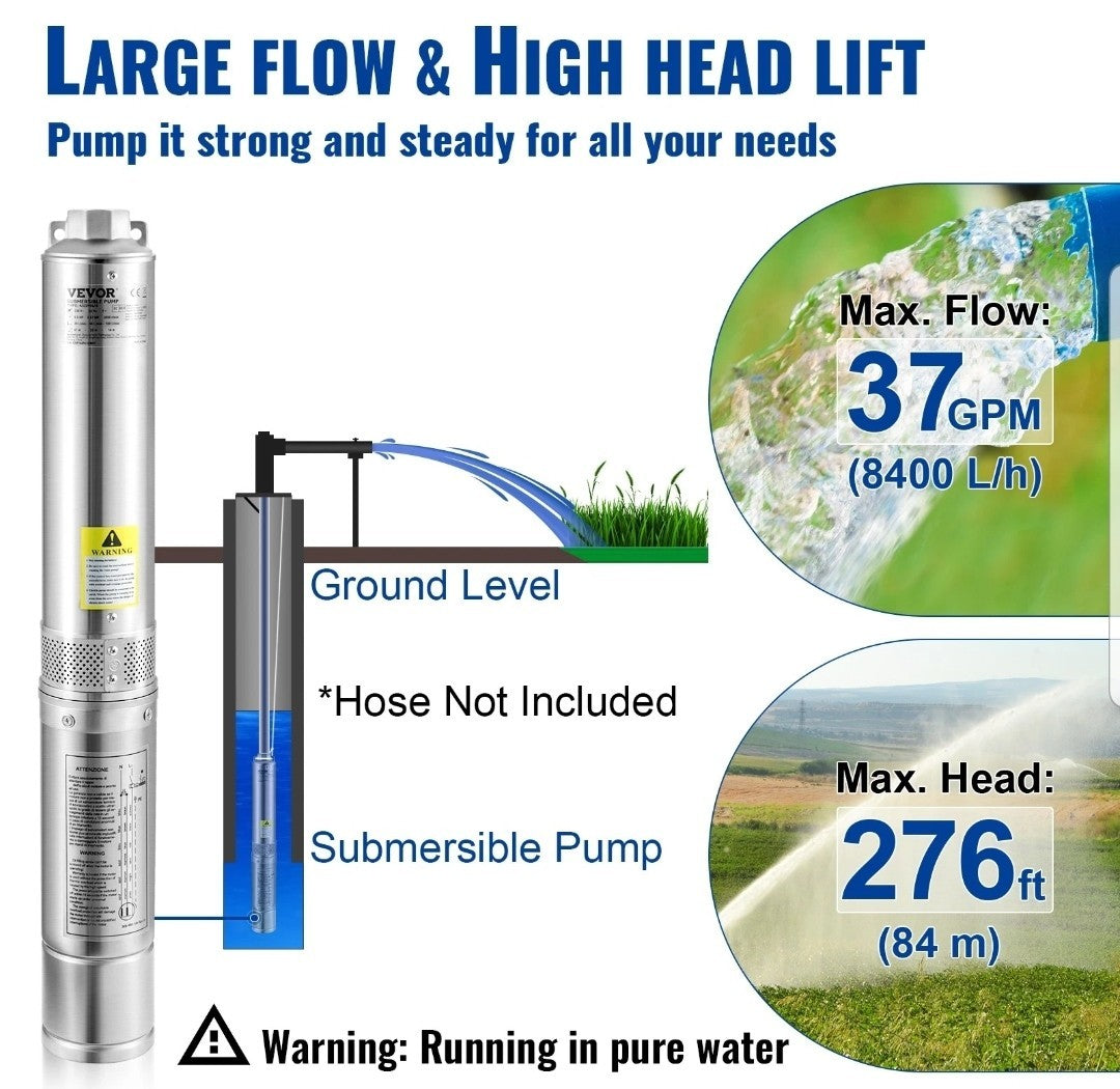 Deep Well Submersible Pump Stainless Steel Water Pump 1.5HP 37GPM 276 ft
