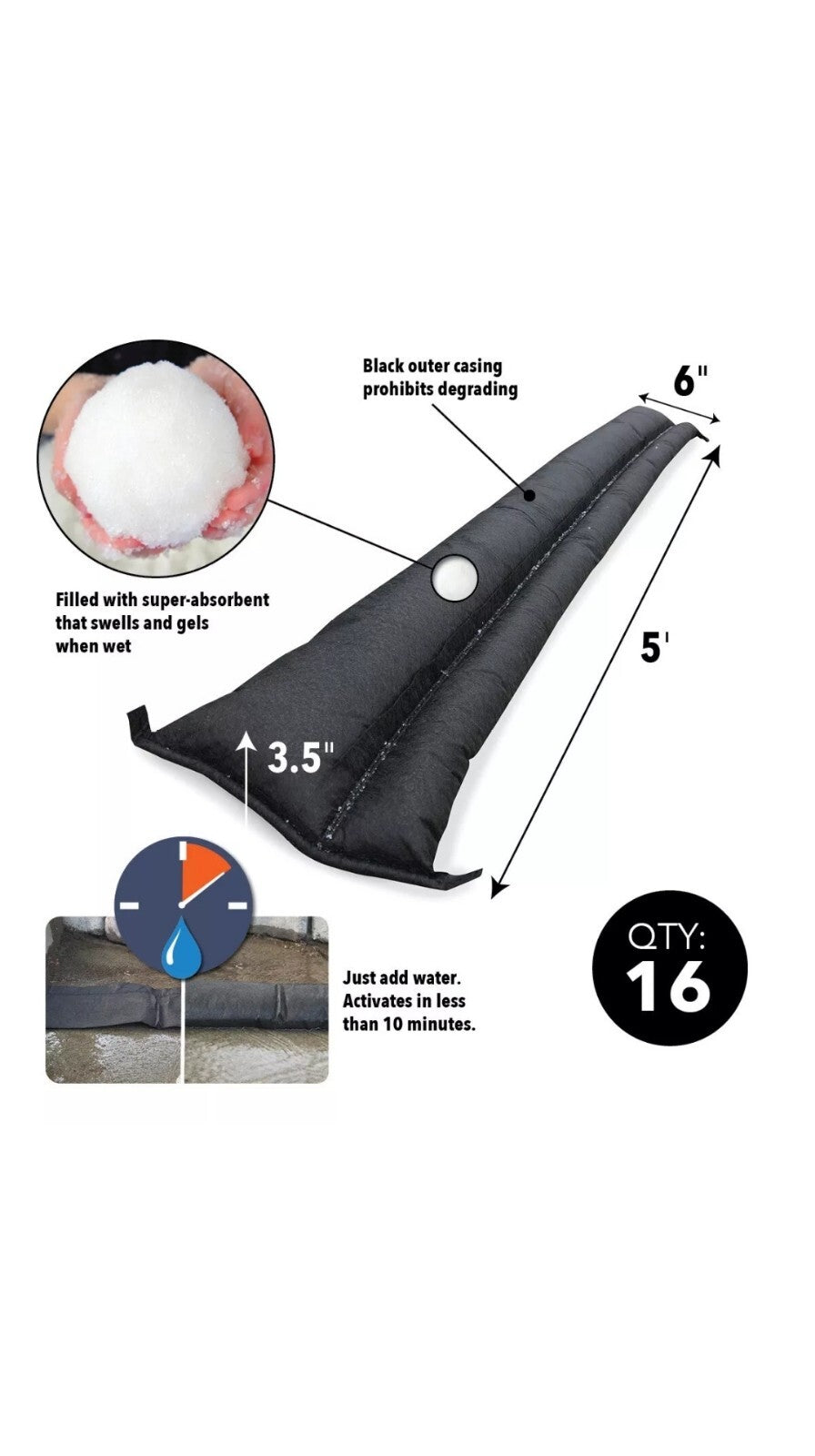 Quick Dam Water Activated Flood Barriers 1.5m 5ft Pack of 16 QD65-16