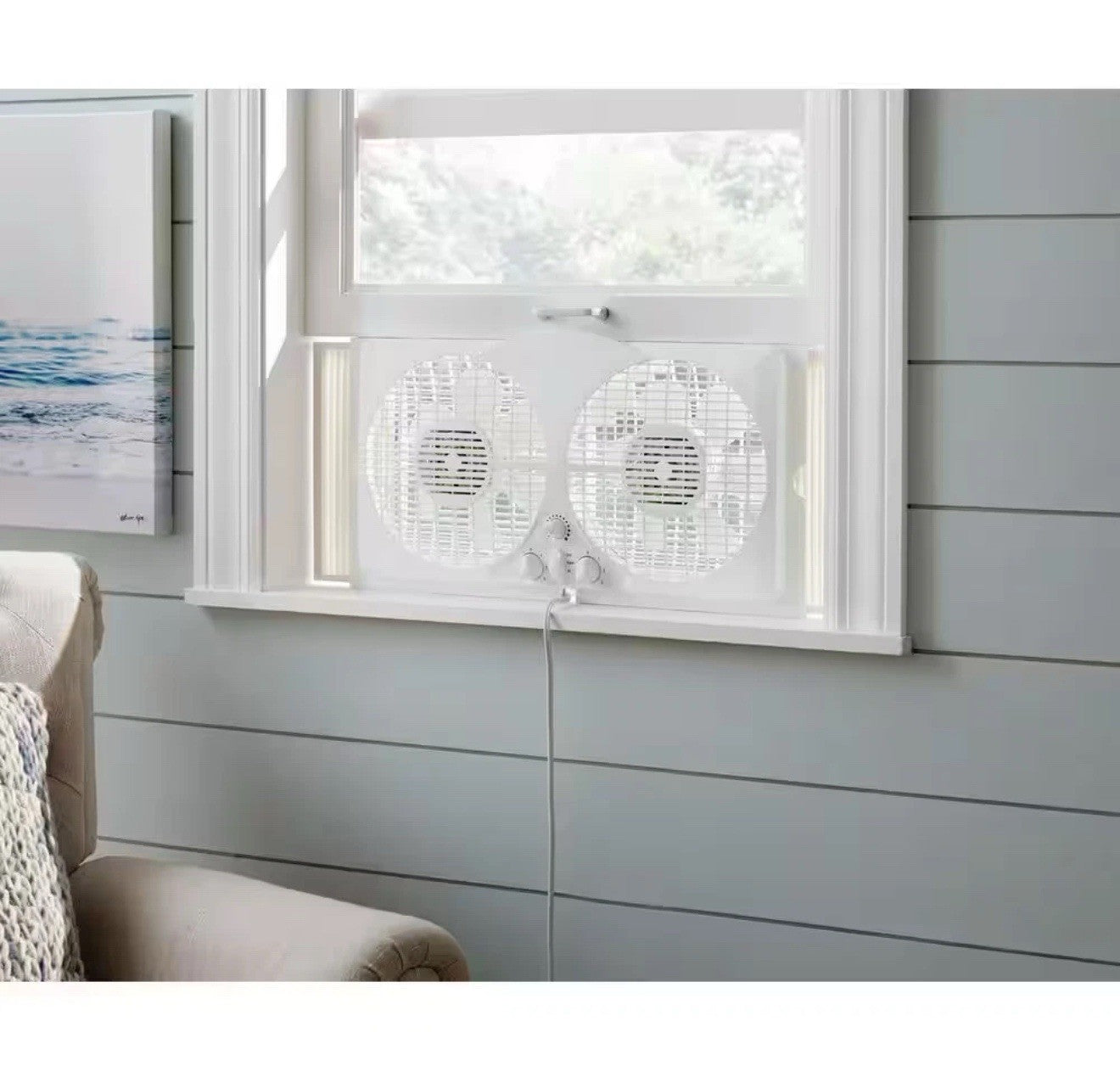 Window Fan Twin Reversible 9 in Adjustable Thermostat 3 Speed Quiet White