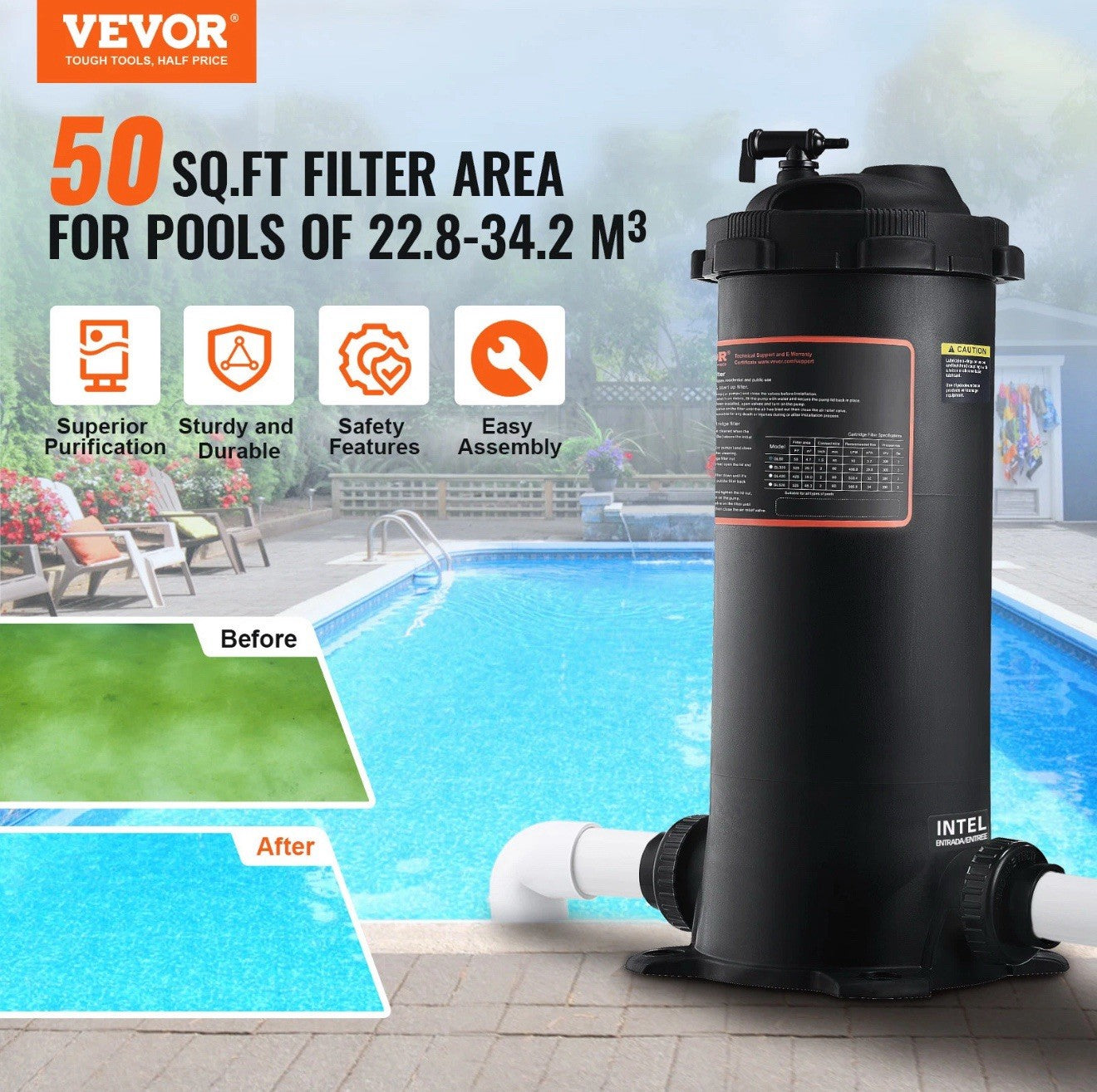 VEVOR Pool Cartridge Filter In/Above Ground Swimming Pool Filtration GL-50