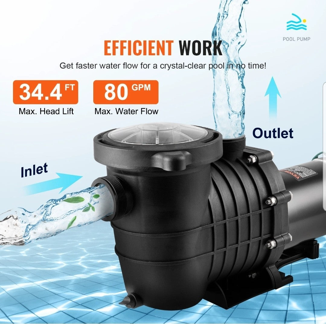 VEVOR Above Ground Swimming Pool Pump Single Speed 1 HP 80 GPM 110V / 240V