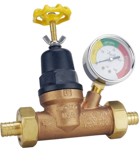 Apollo 3/4 in Bronze Double Union PEX-A Barb Water Pressure Regulator with Gauge