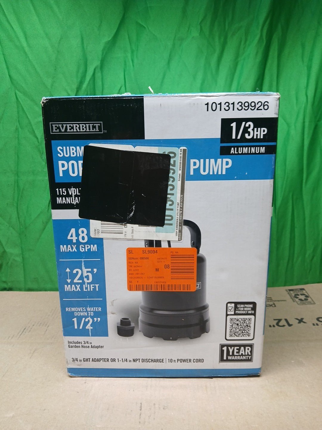 Everbilt 1/3 HP Submersible Aluminum Utility Pump USED