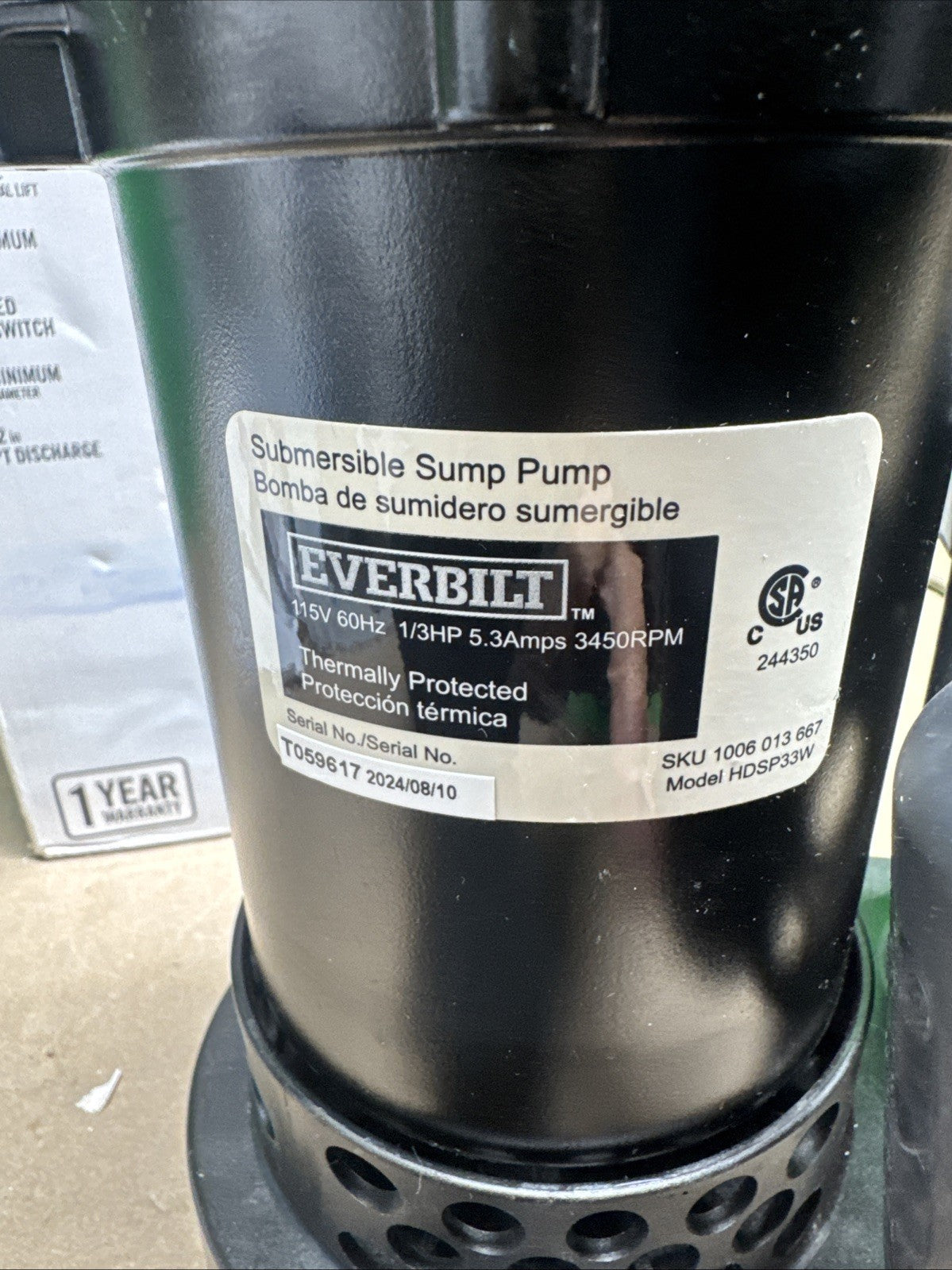 Everbilt 1/3 HP Corrosion Resistant Aluminum Sump Pump w/ Tether Switch NEW OB.