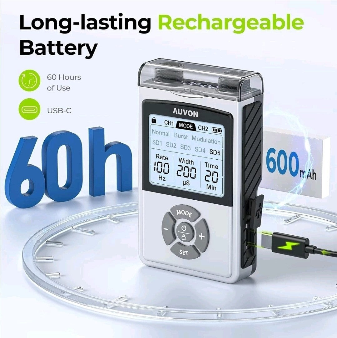 AUVON Rechargeable Digital TENS Unit Muscle Stimulator with 600 mAh Battery,...