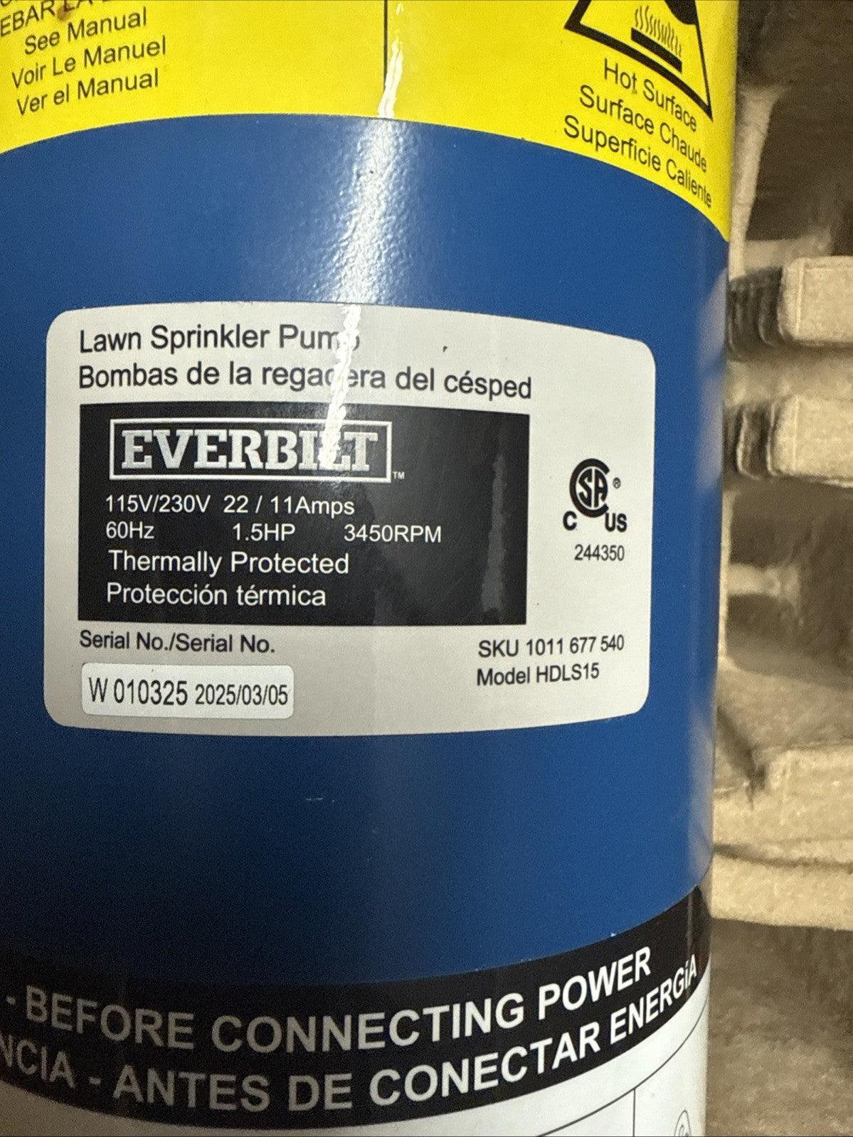 Everbilt 1-1/2 HP Cast Iron Lawn Irrigation Pump HDLS15 *For Parts*