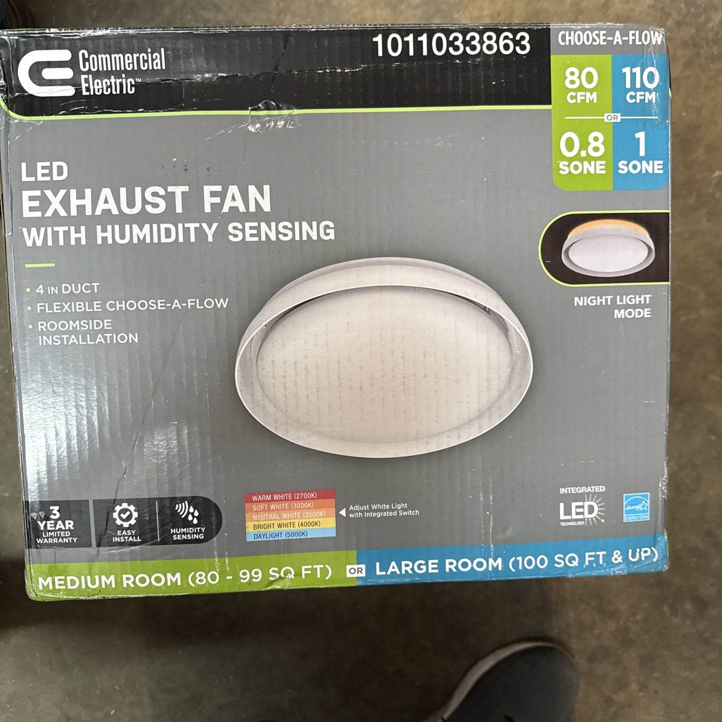 80/110 CFM Ceiling Mount Room Side Installation Round Bathroom Exhaust Fan w/LED