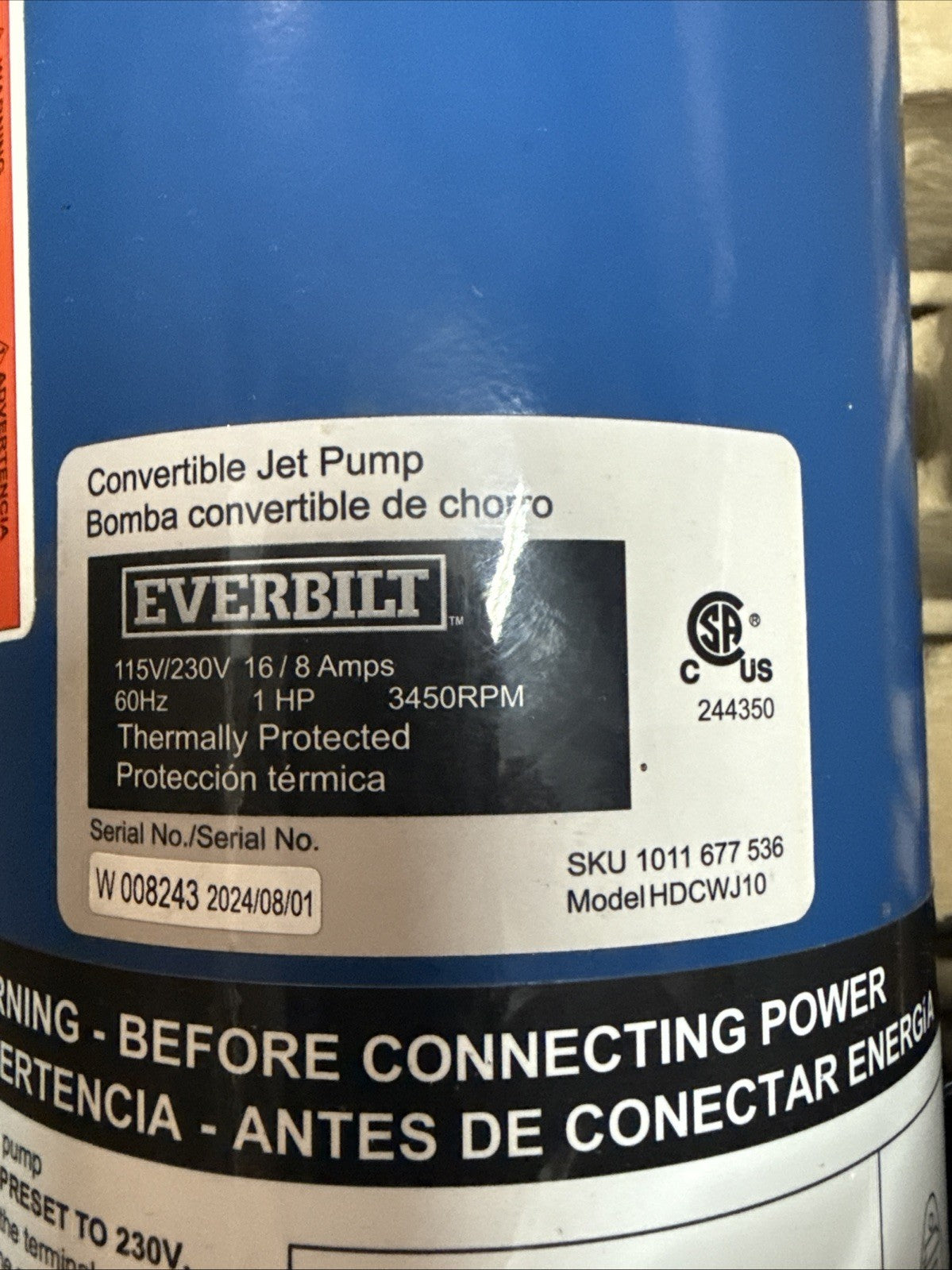 Everbilt 1 HP Professional Convertible Jet Pump *for Parts* Read Description**