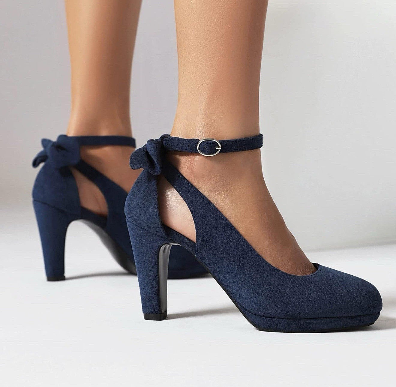 Women’s 10.5 Mary Jane Heel Bow Round Toe Suede Pumps Navy Blue