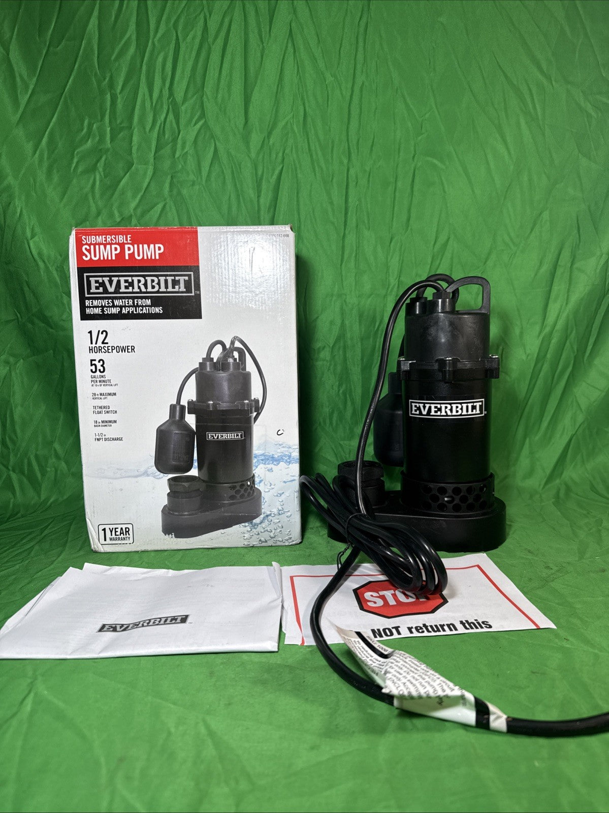 Everbilt HDSP50W 1/2 HP Submersible Aluminum Sump Pump with Tethered Switch