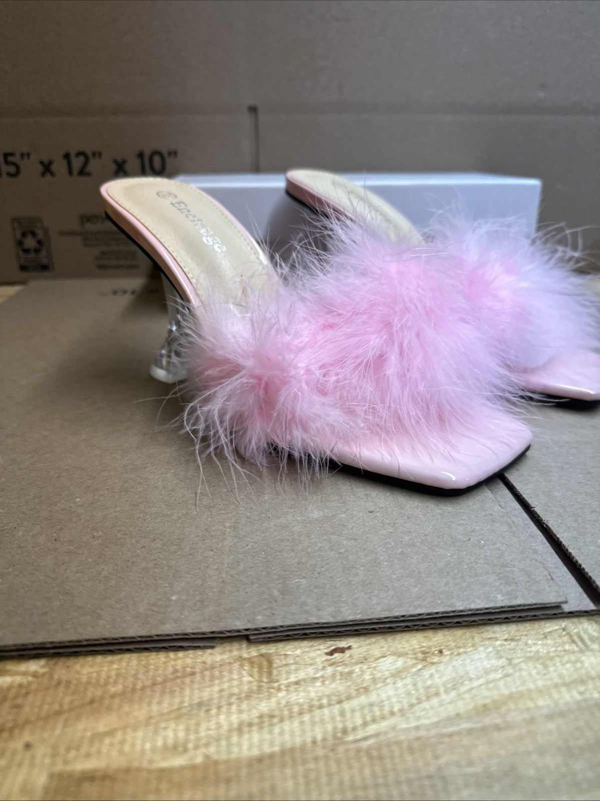 ENELAUGE women’s 8.5 square toe sandal fluffy feather high heels mules slip on