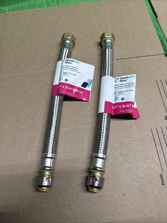 2 Sharkbite Water Heater Connector Braided Max Stainless 1/2" x 3/4" Fip x 12"