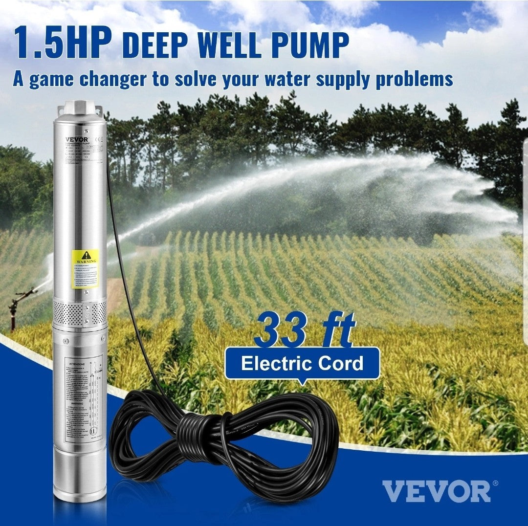 0.5HP Deep Well Submersible Pump 230V 28GPM 167ft Head 33ft Cord Stainless Steel