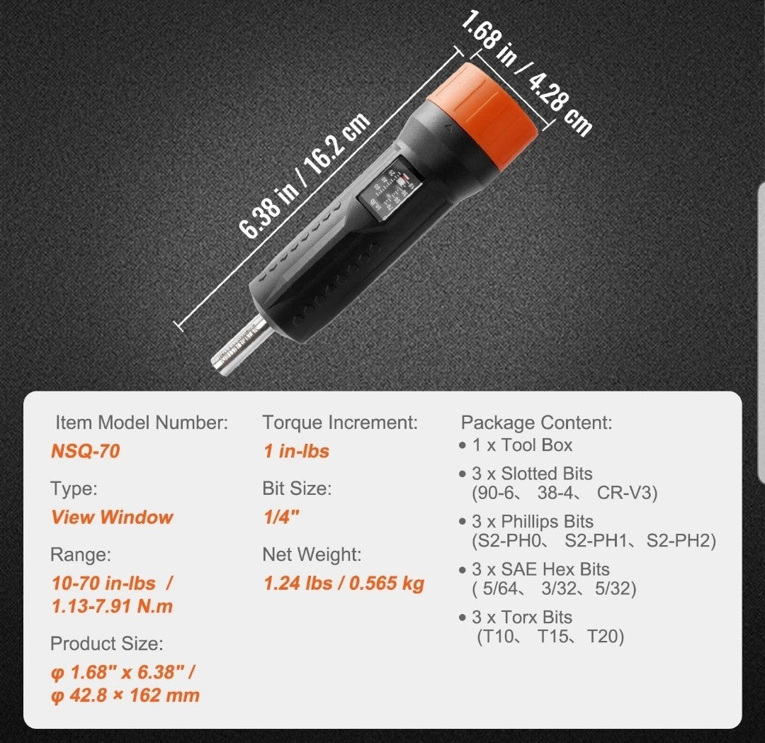VEVOR Torque Screwdriver 1/4" Range 10-70 in/lb w/ 1 in-lb Increment View Window