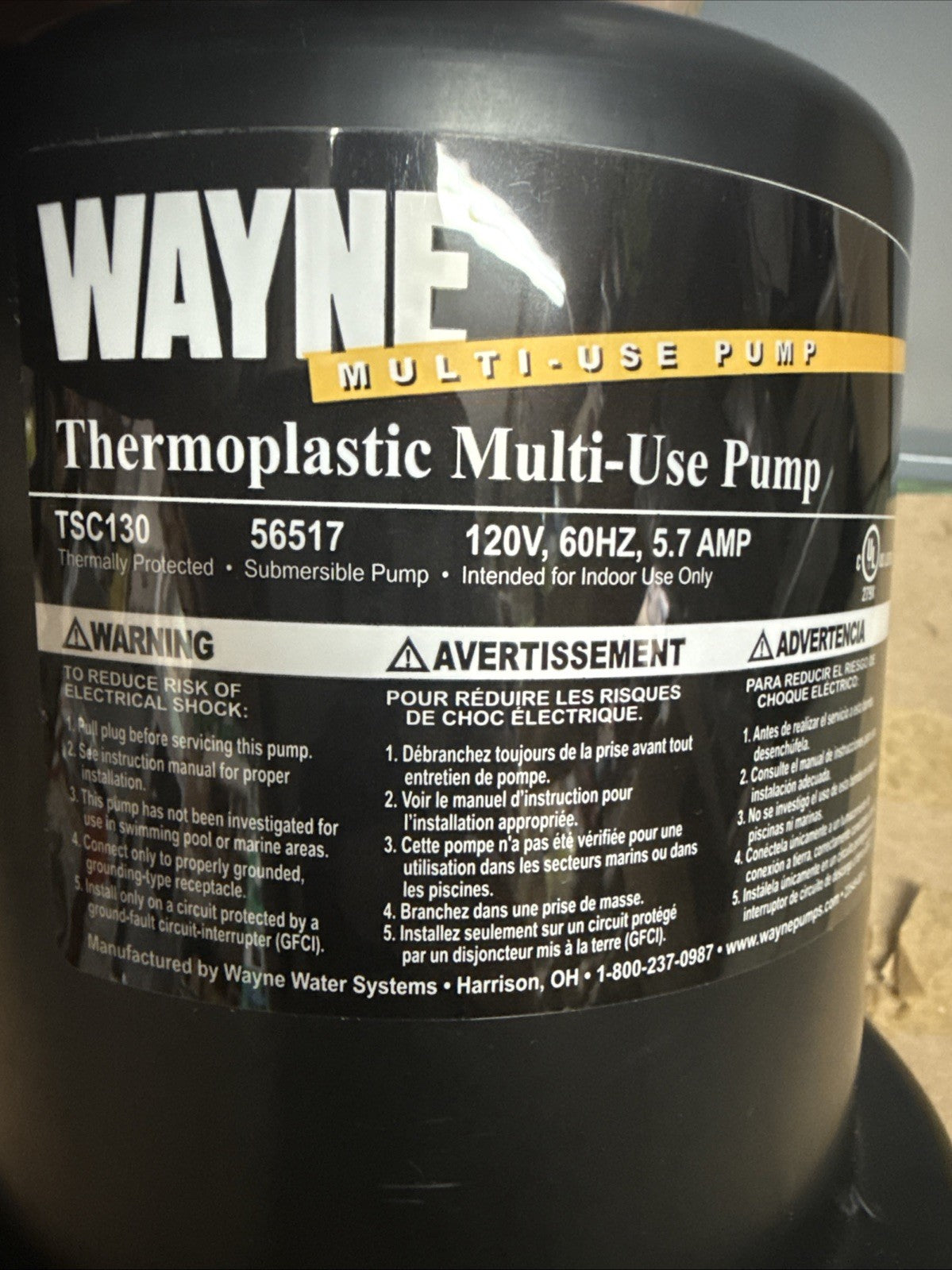Wayne TSC130 Multi-Use pump 1000 Gallons/Hour Thermoplastic NEW OPEN BOX