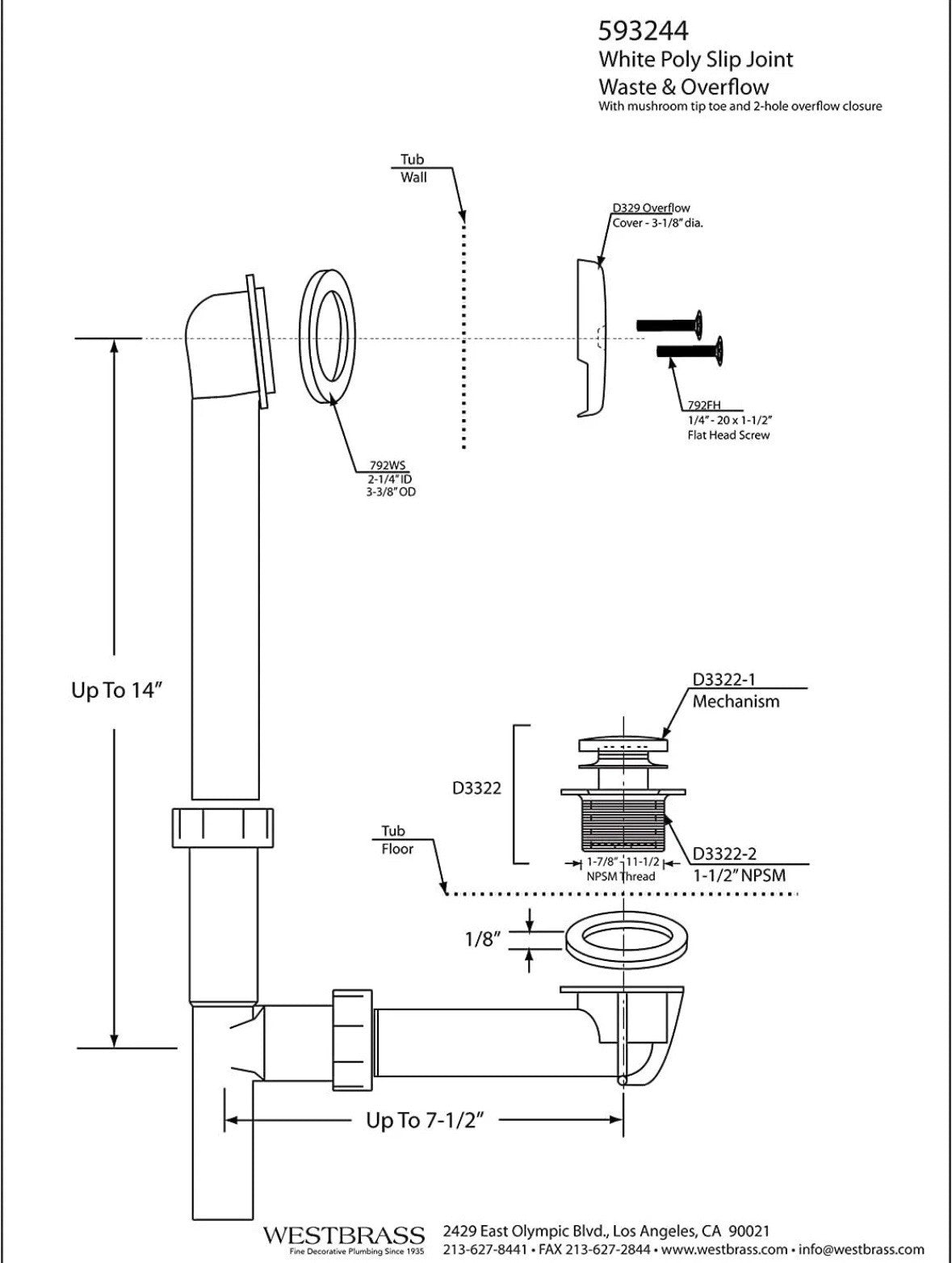 A593244CP 14" x 1-1/2" White Tubular Bathtub Waste & Overflow Assembly with T...