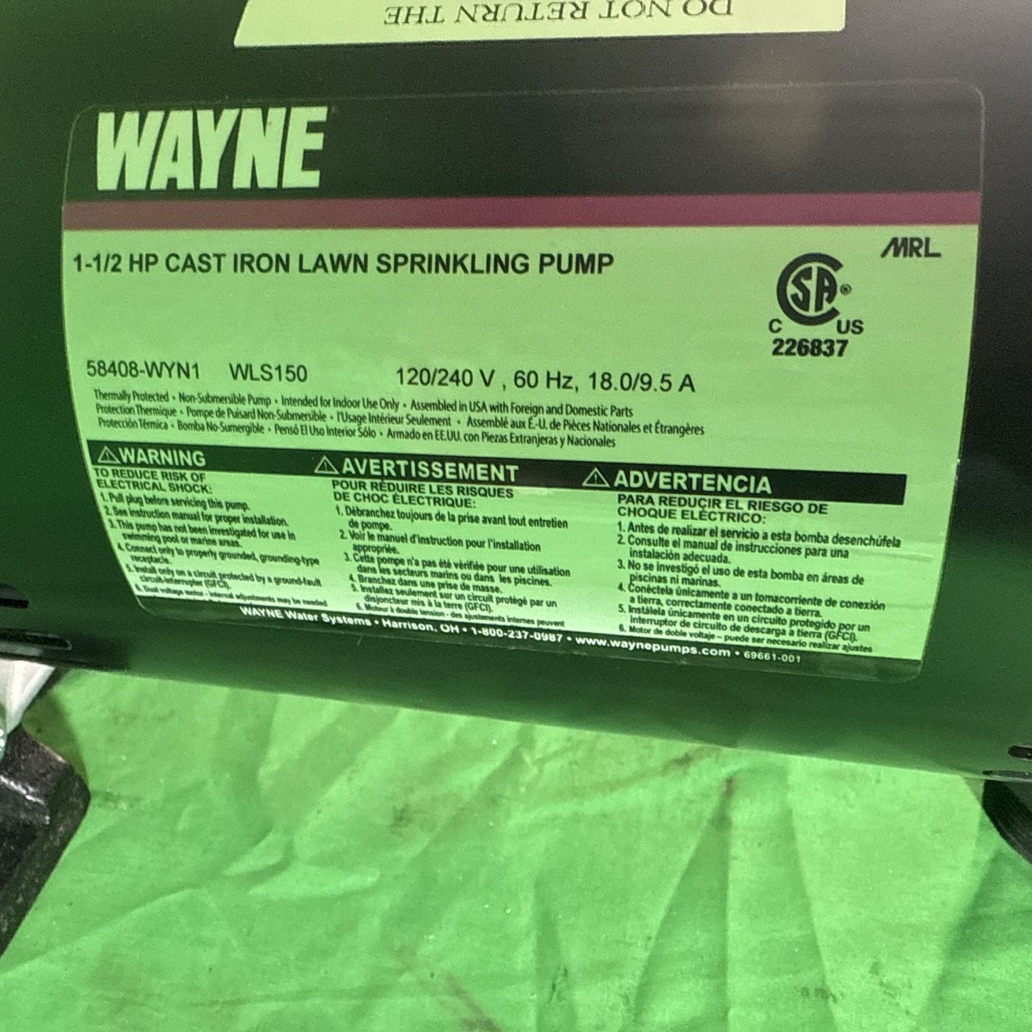 Wayne 1-1/2 HP Cast Iron Quick-Prime Lawn-Sprinkler Pump. New Open Box