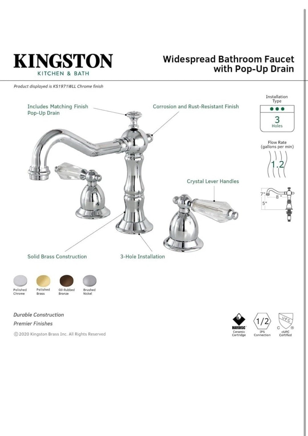 Kingston Brass KS1971 Wilshire 1.2 Faucet Widespread Bathroom - Chrome