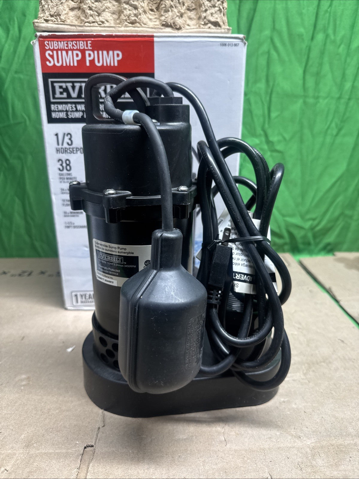 Everbilt 1/3 HP Corrosion Resistant Aluminum Sump Pump w/ Tether Switch NEW OB.