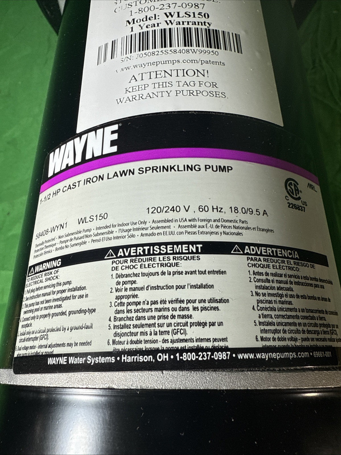 Wayne 1-1/2 HP Cast Iron Quick-Prime Lawn-Sprinkler Pump. NOB