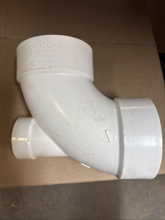 4" x 4" x 2" PVC DWV 90-Degree Hub x Hub Elbow Fitting with 2” Low Heel Inlet