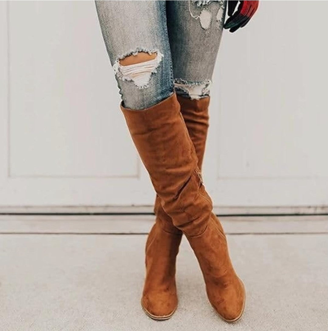 Suede Knee-High Boots Fall Boot For Women Chunky Block High Heel Slouch Fashion