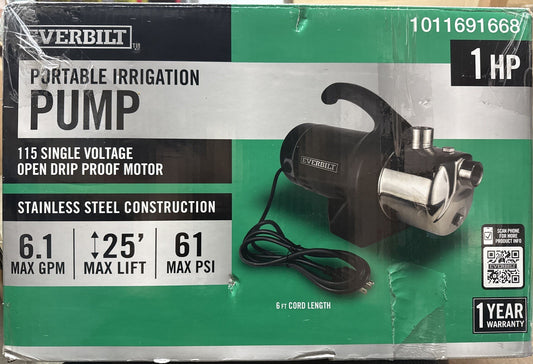 EVERBILT HD60SS 1 HP Stainless Steel Portable Lawn Irrigation Pump NEW OPEN BOX