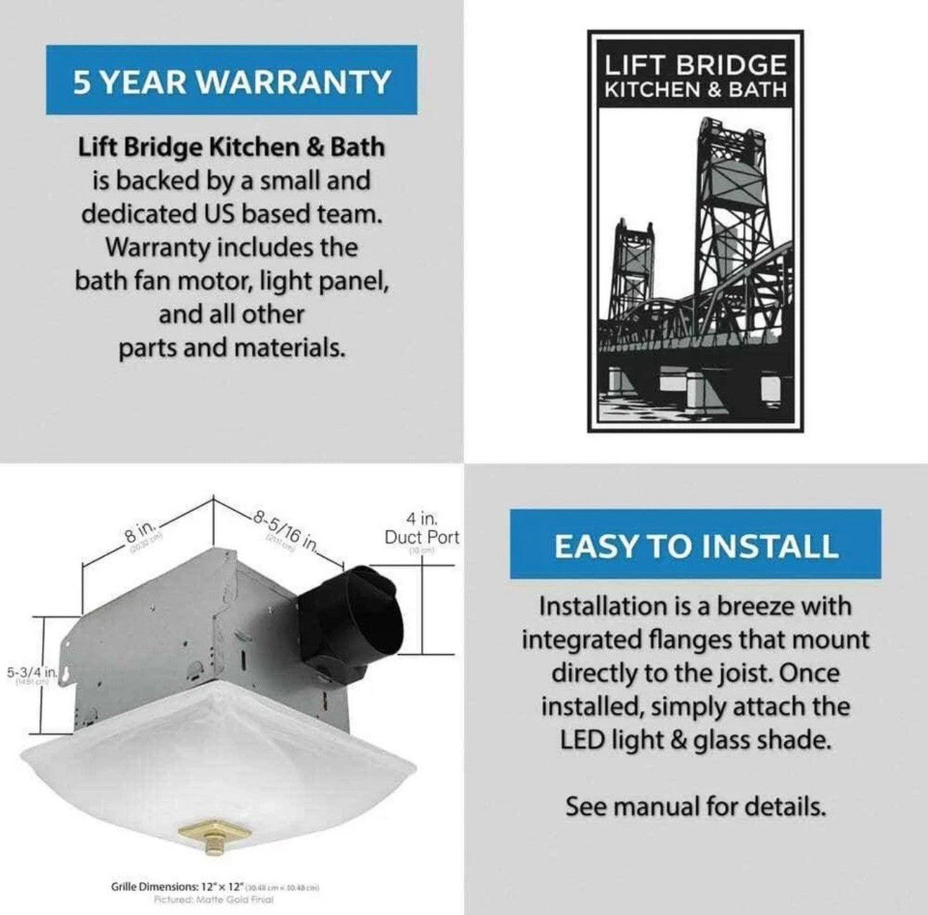 LIFT BRIDGE KITCHEN & BATH Decorative Square 70CFM Ceiling Bathroom Exhaust Fan