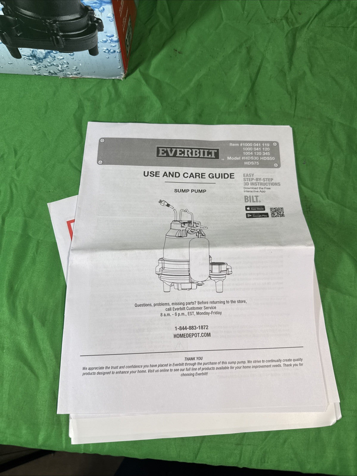 Everbilt 1/2 HP Cast Iron Sump Pump Model # HDS50 OPEN BOX.
