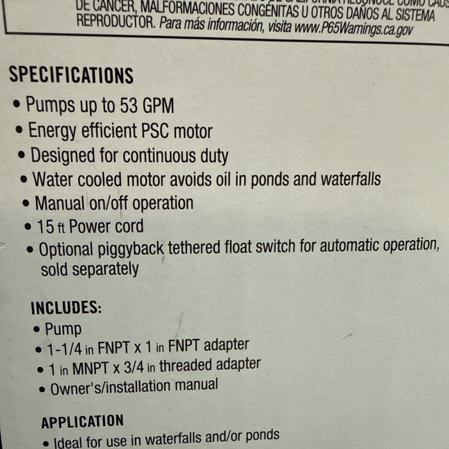 EVERBILT Waterfall & Pond Pump 1/2 HP 53 GPM 26 Ft Max Vertical Lift SUP80-HD