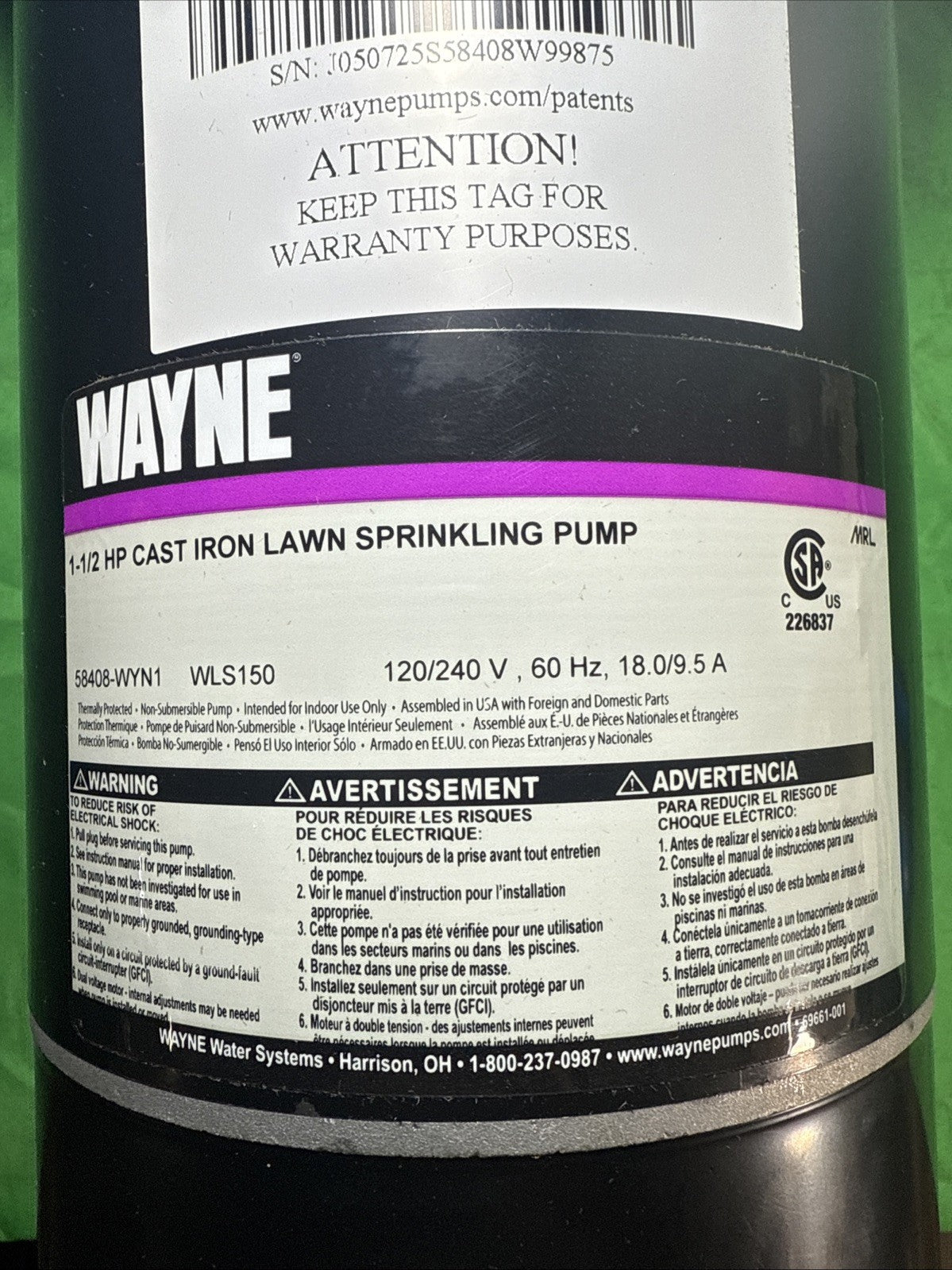 Wayne 1-1/2 HP Cast Iron Quick-Prime Lawn-Sprinkler Pump.