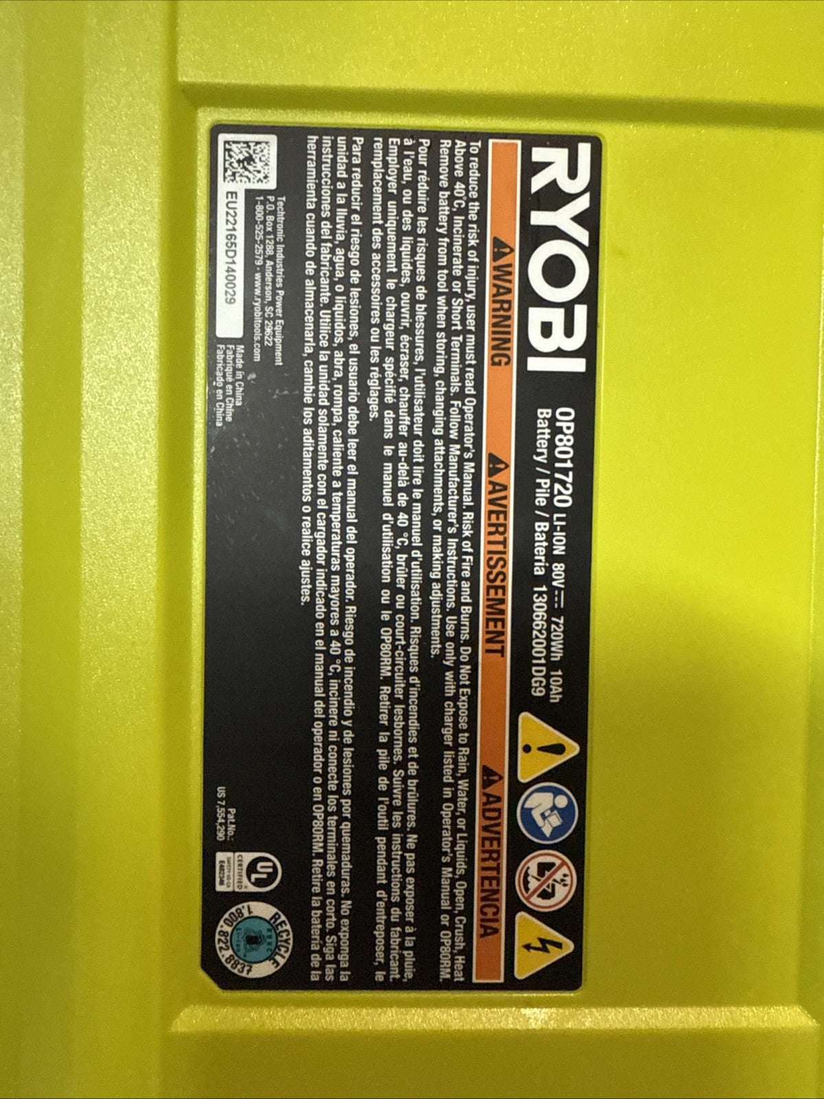RYOBI 80V Battery 10 Ah Lithium-Ion Zero Turn Mower Battery (OP801720) OPEN BOX*
