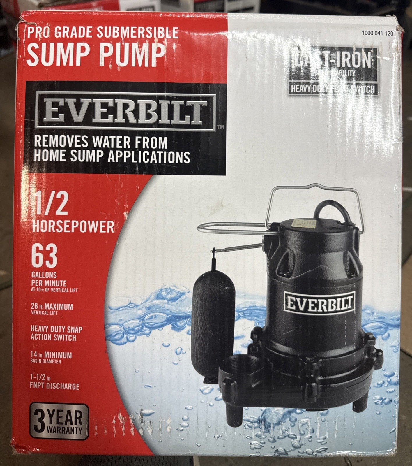 Everbilt 1/2 HP Cast Iron Sump Pump Model # HDS50 OPEN BOX