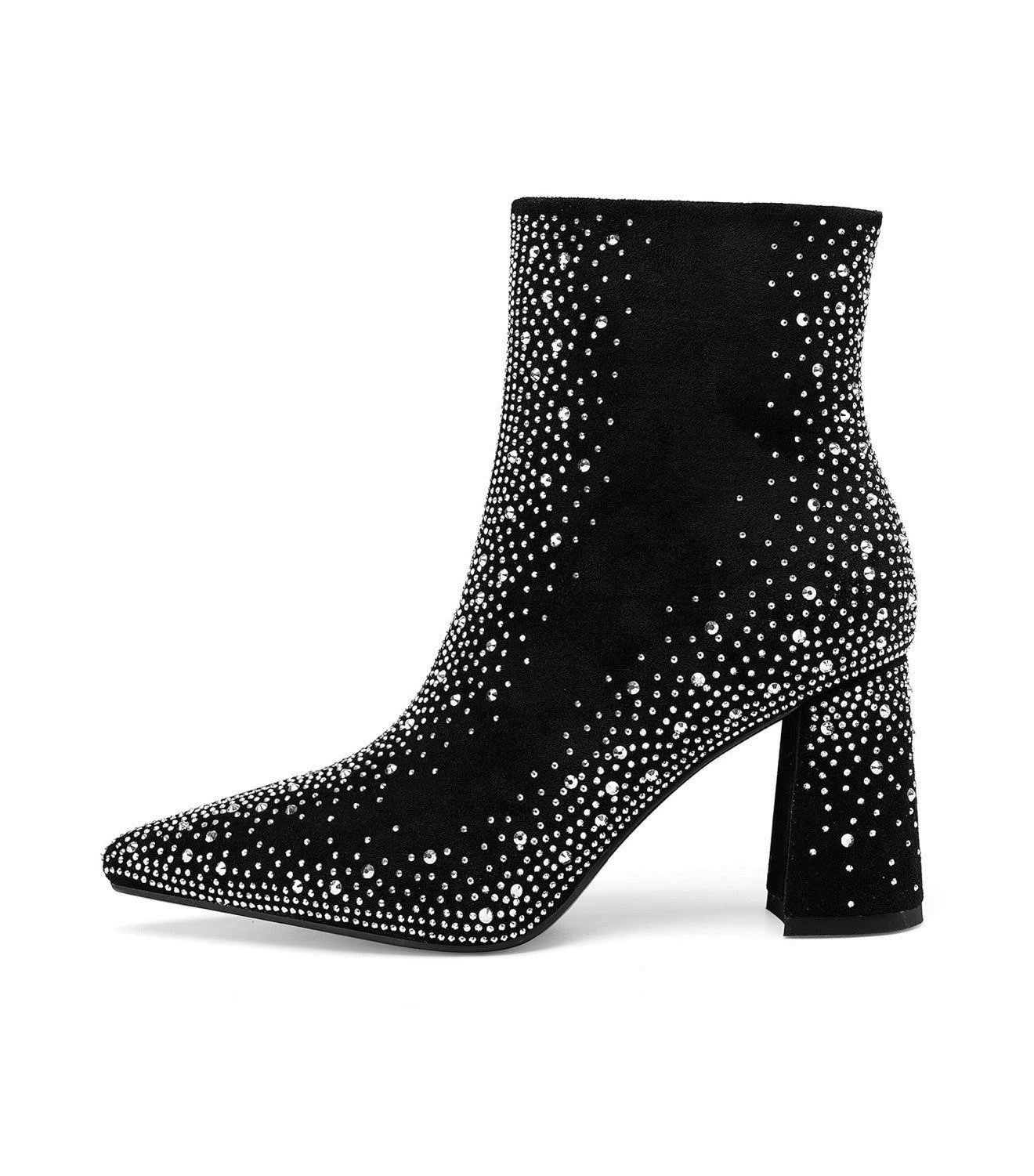 Women’s sparkly rhinestone block heel ankle bootie black suede sidezipper Size 8