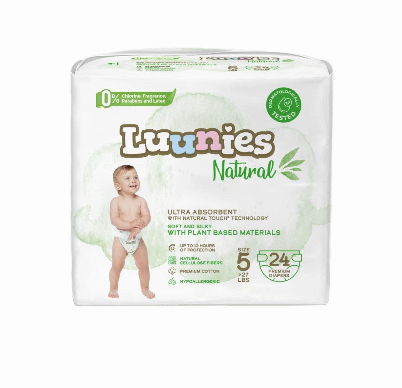 Luunies Natural Premium Diapers, Ultra Absorbent, Size 5, 96 Diapers 4pk Of 24