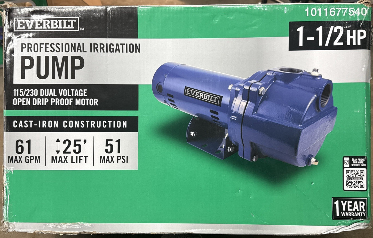 Everbilt 1-1/2 HP Cast Iron Lawn Irrigation Pump Sprinkler Pump NEW Open Box