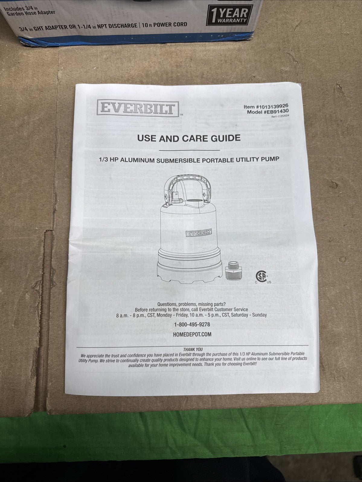 Everbilt 1/3 HP Submersible Aluminum Utility Pump.