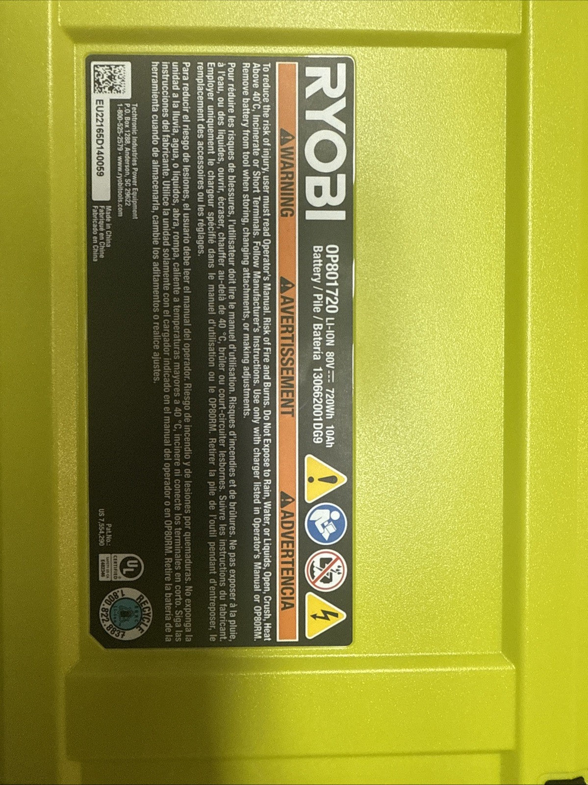 RYOBI 80V Battery 10 Ah Lithium-Ion Zero Turn Mower Battery (OP801720) OPEN BOX*
