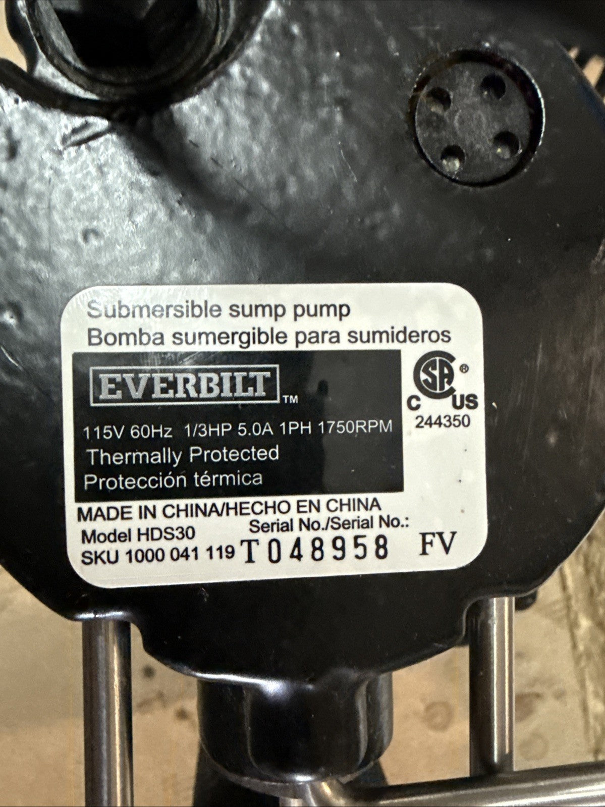 Everbilt 1/3 HP Cast Iron Submersible Sump Pump Used