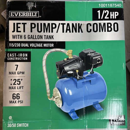 Everbilt 1/2HP Jet Pump/Tank Combo Cast iron with 6 Gallon Tank NewOB