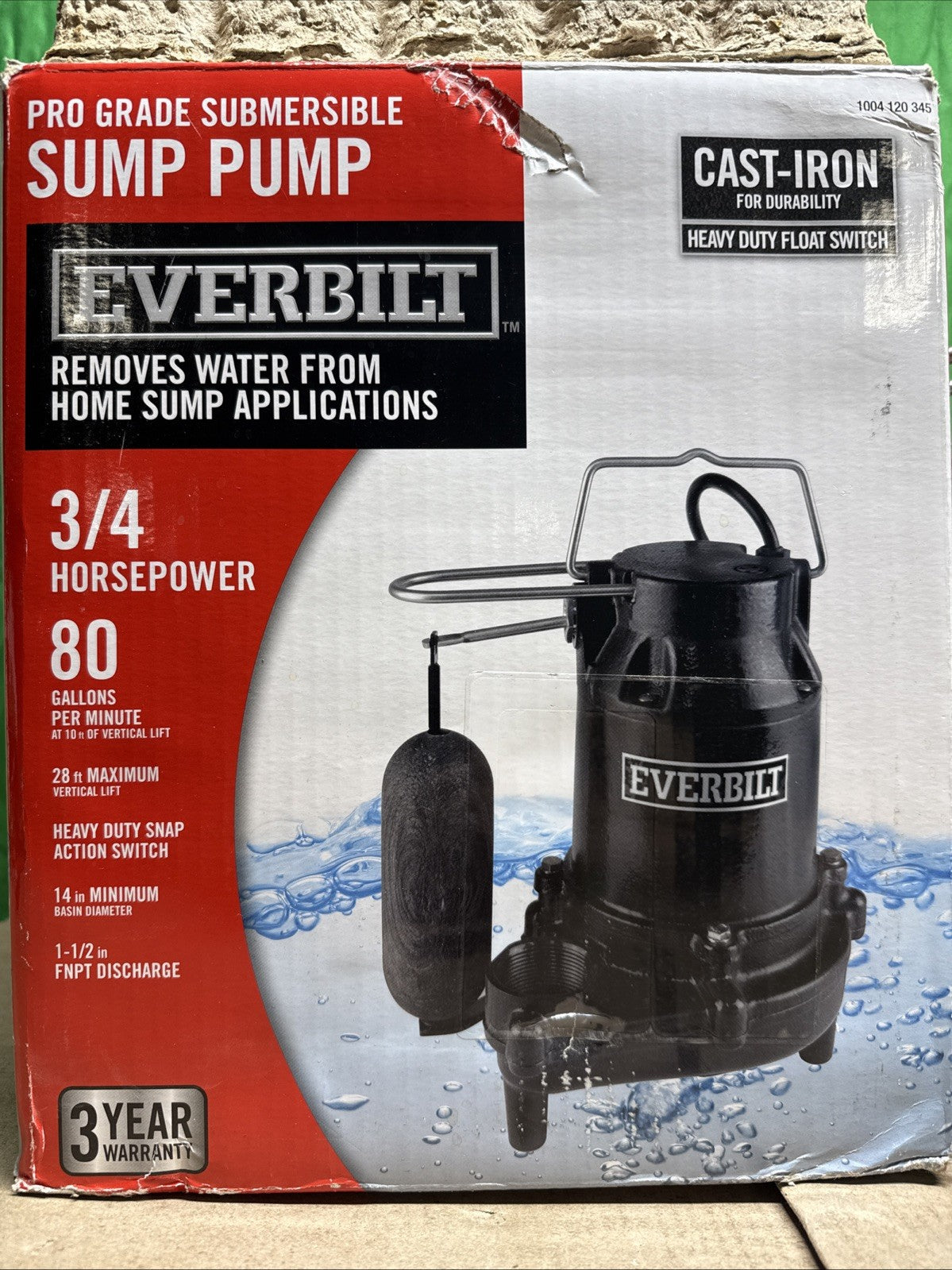 Everbilt 3/4HP Cast-Iron Pro-Grade Submersible Sump Pump 1004 120 345 HDS75