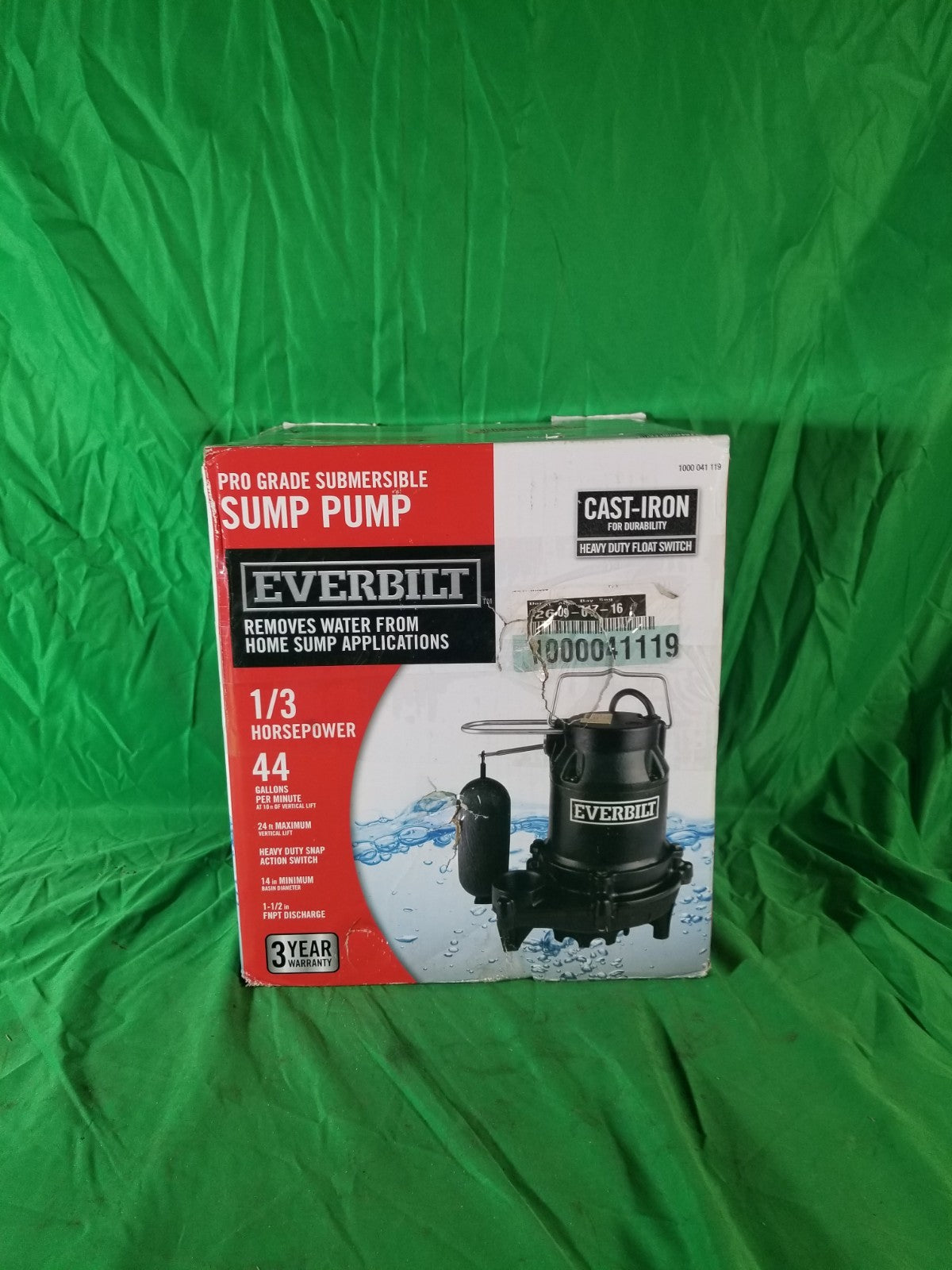 Everbilt 1/3 HP Cast Iron Submersible Sump Pump Excellent Condition