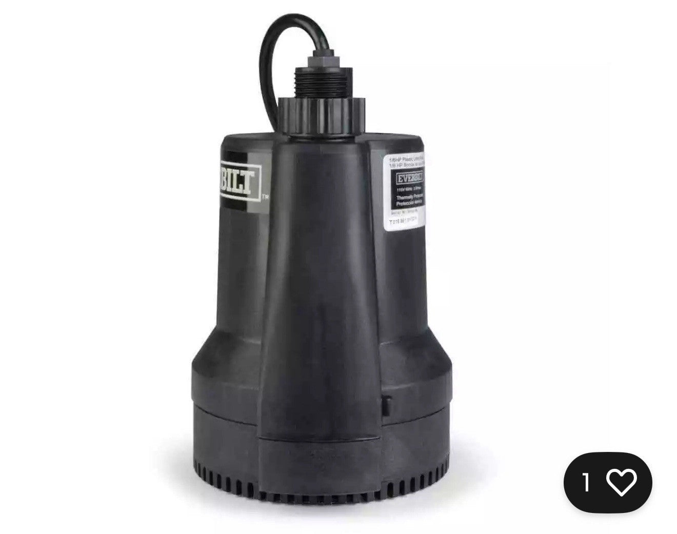 Everbilt 1/6 HP Plastic Submersible Utility Pump NEW OPEN BOX.