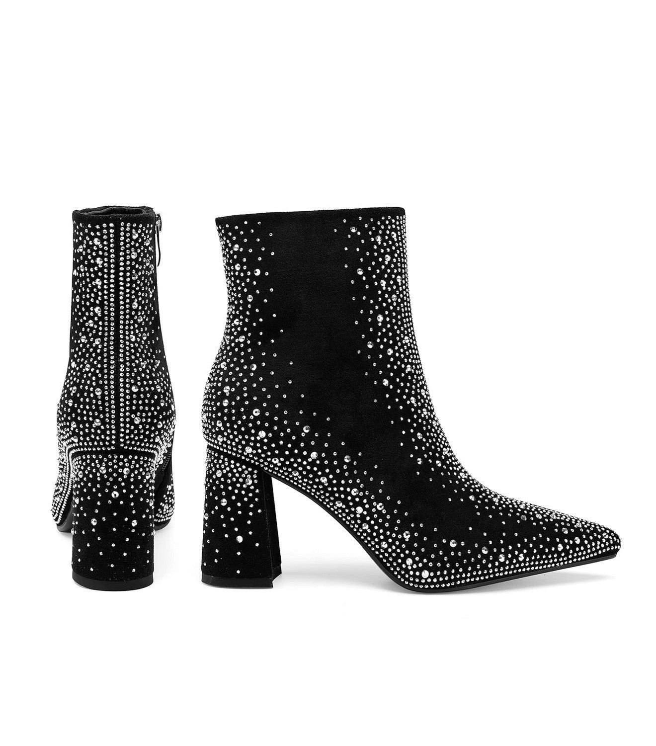 Women’s sparkly rhinestone block heel ankle bootie black suede sidezipper Size 8