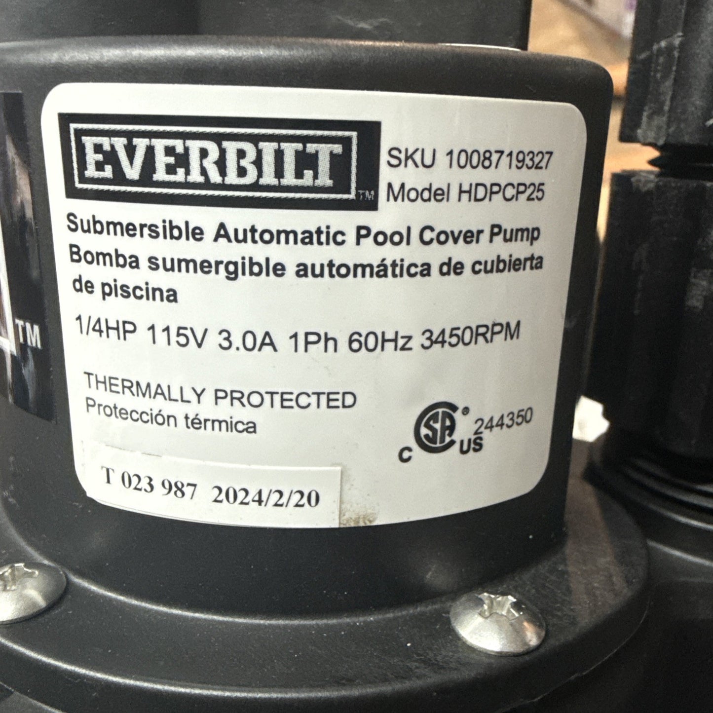 Everbilt Submersible Pool Cover Pump 1/4 Hp HDPCP25 - Tested